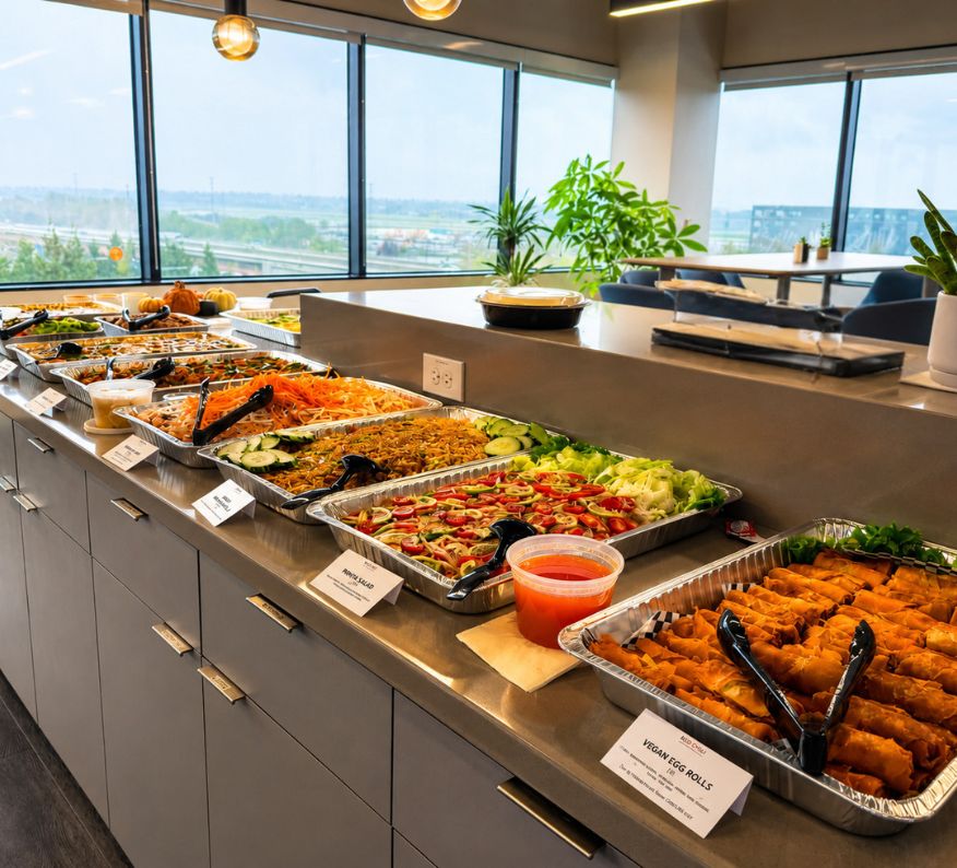 Thai and Vietnamese corporate catering spread with vegan egg rolls, papaya salad, and noodles set up in a San Jose office