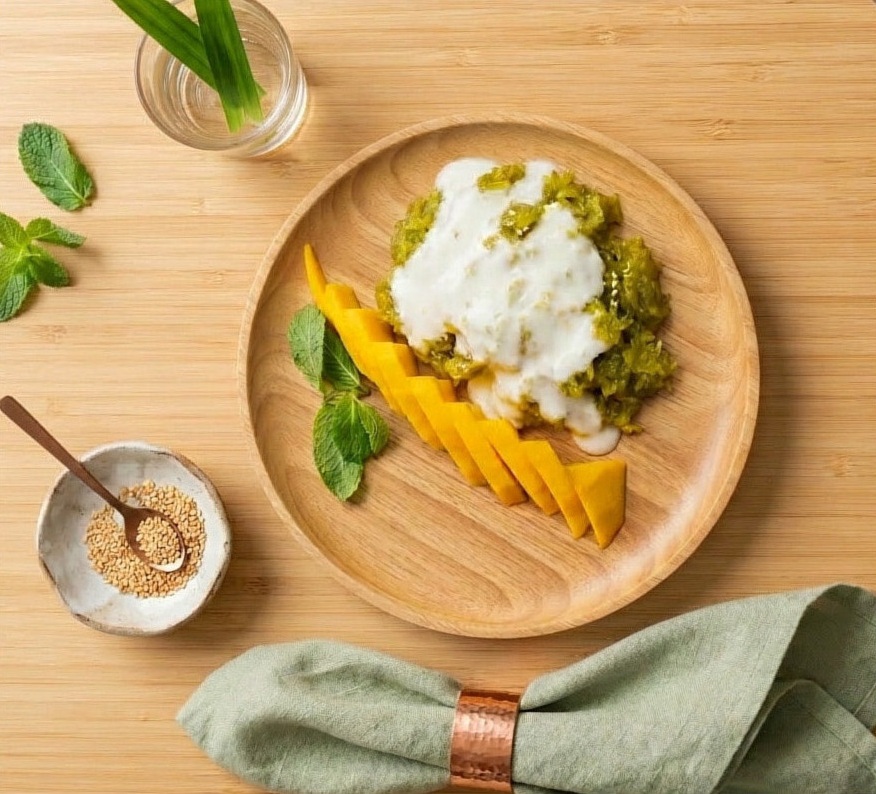 Mango sticky rice with sliced mango, sticky rice, and coconut sauce served on a wooden plate at Red Chili Thai & Vietnamese